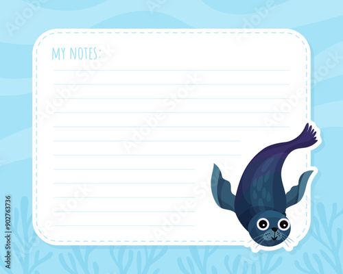 Cute Sea and Marine Seal Animal Swim in Ocean Note Card Vector Template