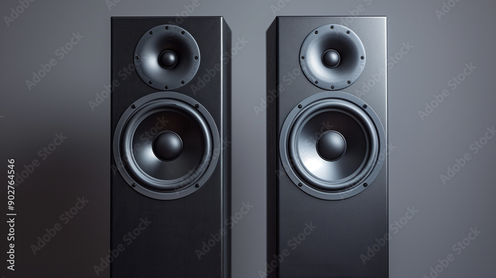Stereo Speakers, Black Audio System, Modern Hi-Fi, Music System, Sound Reproduction Stereo Speakers, Black Audio System, Modern Hi-Fi, Music System, Sound Reproduction