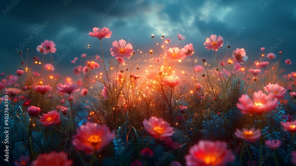 Vibrant Flower Field Under Dramatic Skies at Dusk With Flickering Lights Vibrant Flower Field Under Dramatic Skies at Dusk With Flickering Lights