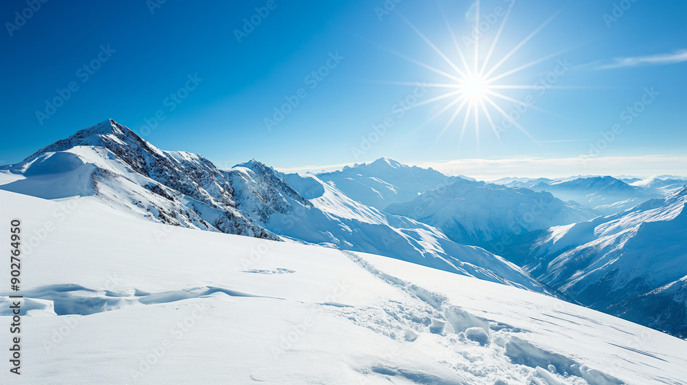 Obraz premium Sun over winter mountains covered with snow. Untouched freeride slope. Snow covered glacier 