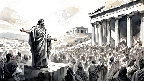 The Apostle Paul Preaching to a Diverse Crowd in the Ancient City of Athens, with the Iconic Acropolis in the Background, Delivering a Powerful Religious Message of Faith and Salvation photo