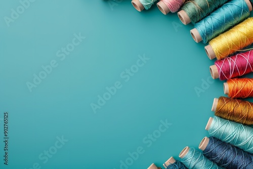 A flat lay and variably coloured threads used for sewing placed on an aqua backdrop and a text spot left for promotion, Generative AI. photo