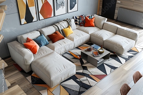  living room with a modular sofa a geometric rug and a minimalist coffee table The space is accented with colorful throw pillows and modern art