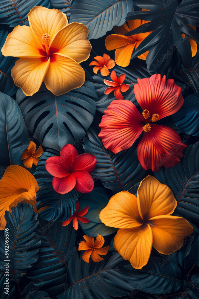 Clean and modern image of an abstract pattern with geometric flowers and leaves, highlighted by a retro psychedelic aesthetic, Clean and modern image of an abstract pattern with geometric flowers and leaves, highlighted by a retro psychedelic aesthetic,