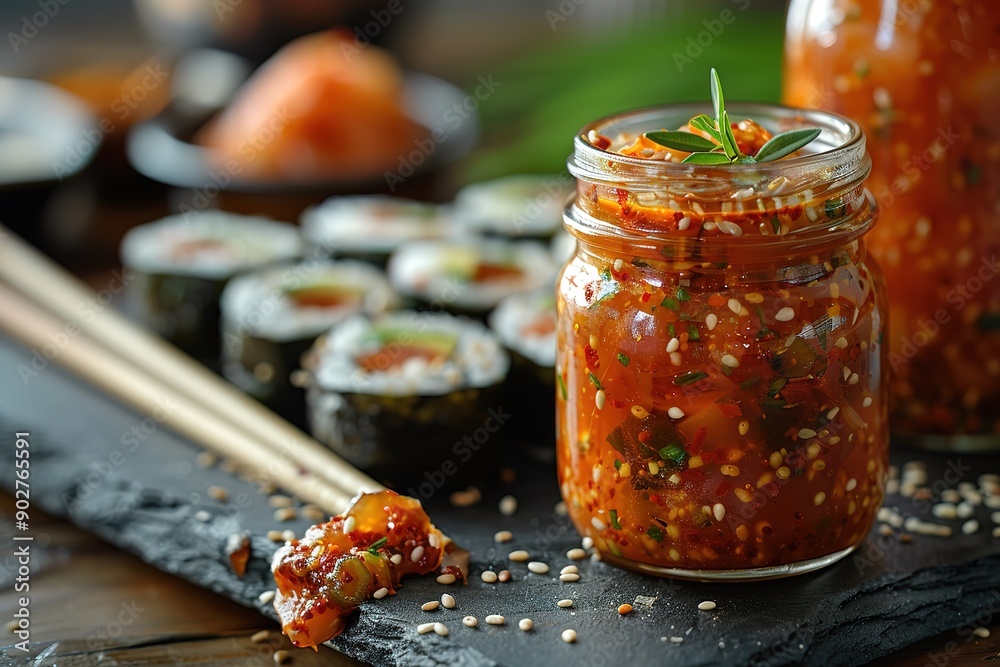 A jar of sauce sits on a table next to some sushi and chopsticks