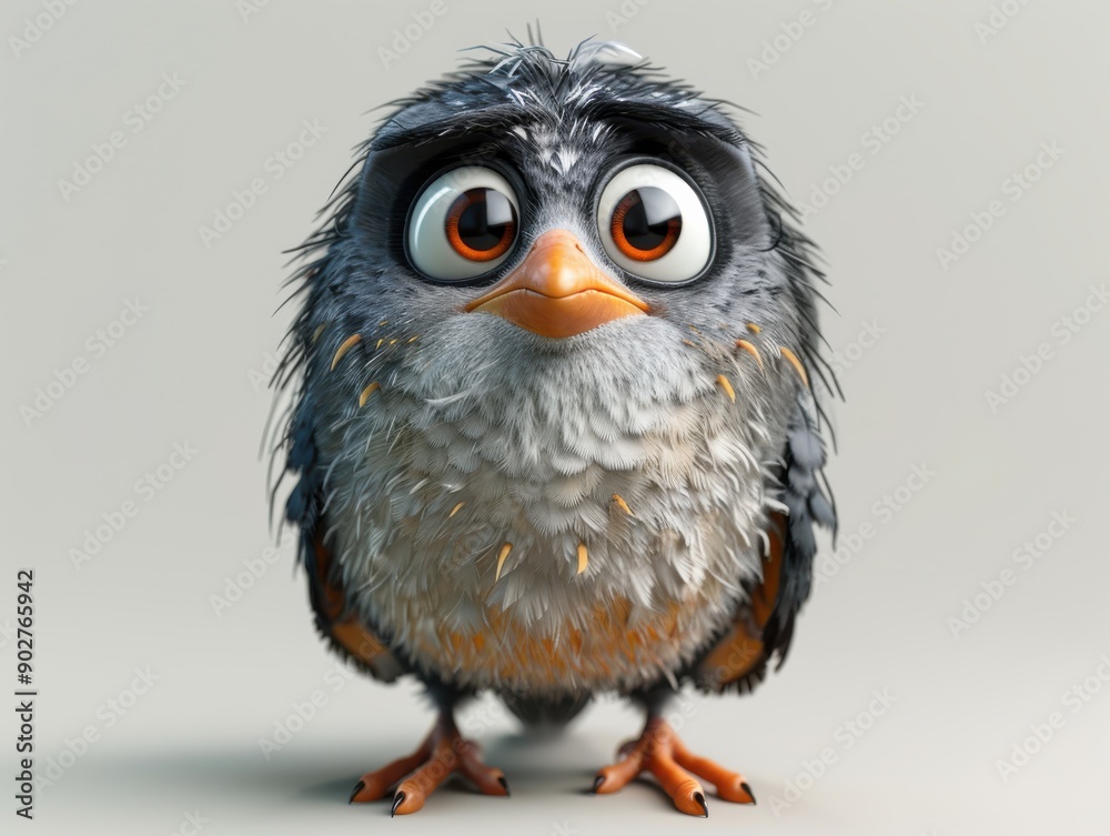 Cute Cartoon Bird Character With Big Eyes and Fluffy Feathers on Plain Background Cute Cartoon Bird Character With Big Eyes and Fluffy Feathers on Plain Background