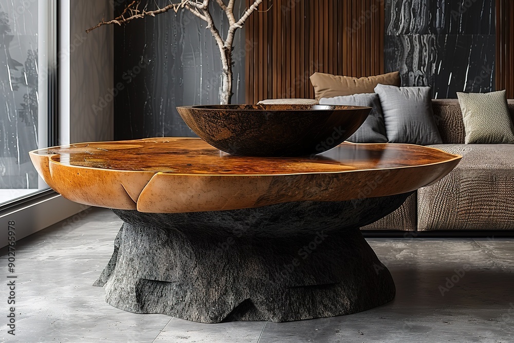 A large wooden coffee table with a bowl on top of it A large wooden coffee table with a bowl on top of it