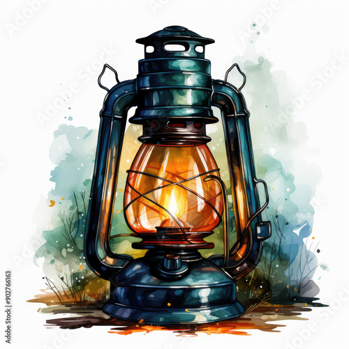 Watercolor Camping lanter, clipart Illustration, Generative Ai © SantoshArt