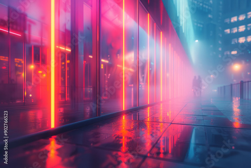Elegant scene of a futuristic cityscape illuminated by multicolored neon lights, highlighting modern architecture, © OBSIMAGES AI 