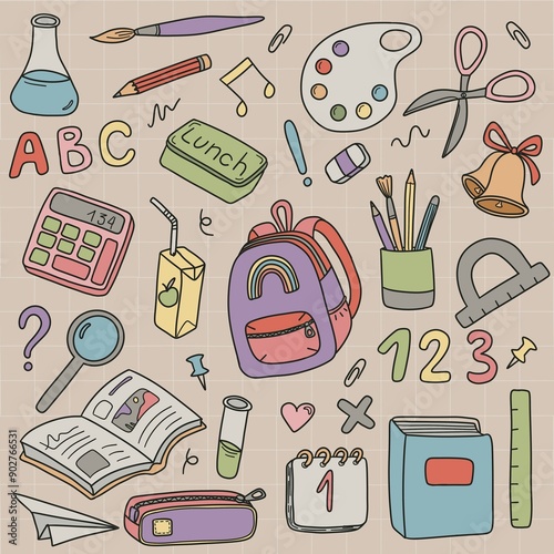 Back to school colorful  illustration, school supplies, stationary set, sicker pack, school elements line art on white background photo