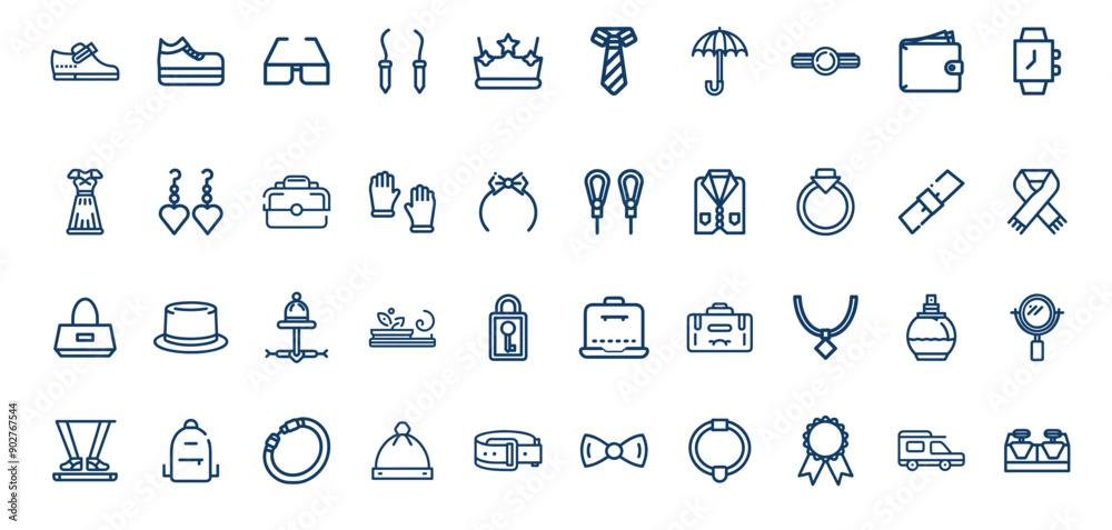 Fototapeta premium Fashion accessories icon set including shoes glasses crown tie umbrella watch wallet dress earrings handbag gloves hair bow jump rope suit pocket watch scarf top hat perfume 