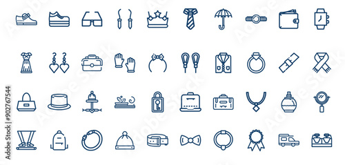 Fashion accessories icon set including shoes glasses crown tie umbrella watch wallet dress earrings handbag gloves hair bow jump rope suit pocket watch scarf top hat perfume 