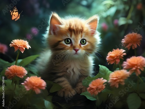 kitten and flowers, delightful kitten in a garden of vivid flowers and butterflies © sembiz sembiz
