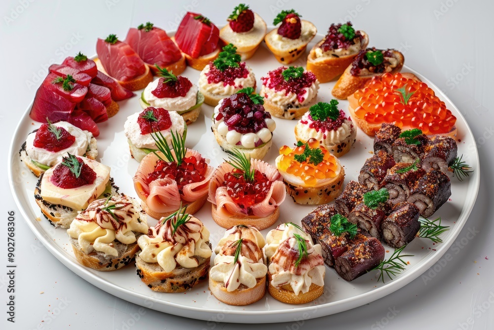 A white plate with a variety of appetizers including meat, cheese, and vegetables. The plate is arranged in a circular pattern, with some of the appetizers overlapping each other A white plate with a variety of appetizers including meat, cheese, and vegetables. The plate is arranged in a circular pattern, with some of the appetizers overlapping each other