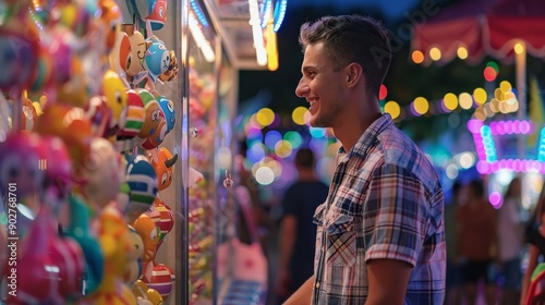 A man unexpectedly winning a prize at a carnival game he played on a whim