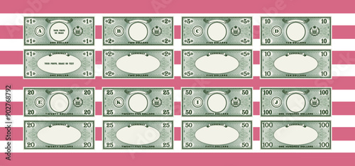 Vector game set of classic banknotes of 1, 2, 5, 10, 20, 25, 50 and 100 dollars. Obverse and reverse of green banknotes with empty spaces. Collection of forms or samples. Business and finance. Part 1 photo