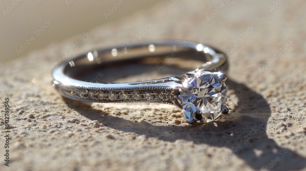 Diamond engagement ring on a stone background. Diamond engagement ring on a stone background.