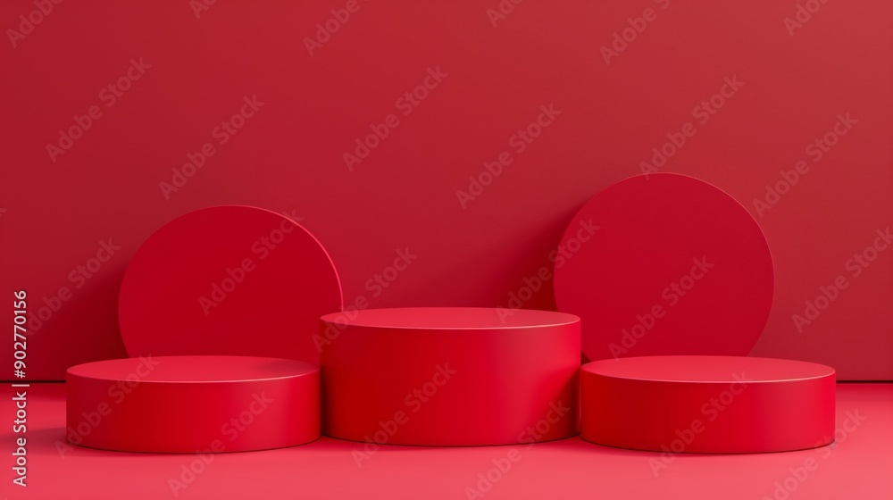Three Minimalist Red Toned Round Podiums for Product Presentation on Empty Background. Ideal for E-commerce and Advertising Displays, Showcasing Minimalist Style and Elegance Three Minimalist Red Toned Round Podiums for Product Presentation on Empty Background. Ideal for E-commerce and Advertising Displays, Showcasing Minimalist Style and Elegance