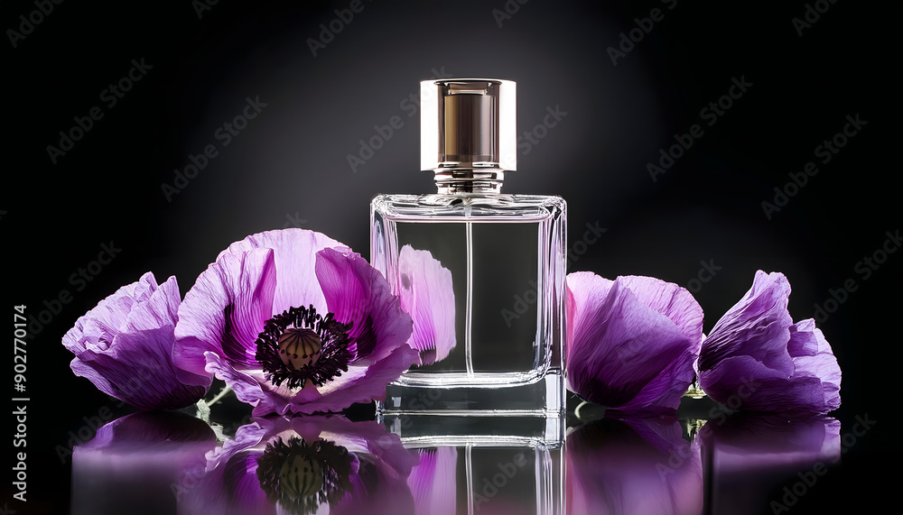 Clear Perfume Bottle Surrounded by violet Vibrant Poppies, Luxury Fragrance Concept,