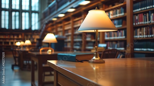 Empty corner of the beloved central library in city center focus on the lamp at the desk hoirzontal pan photo