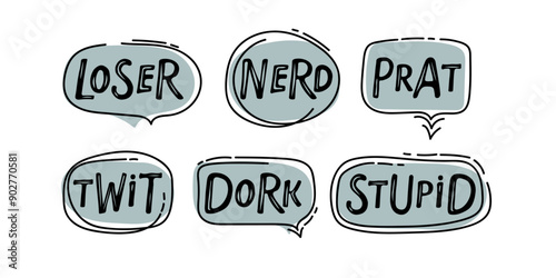 Speech bubbles with curses, bad words, hate, expletives. Handwritten inscription sings. Vector sticker set. Hand drawn doodle charcoal pencil swear words for angry, rude, mad mood. Dialogue balloons.