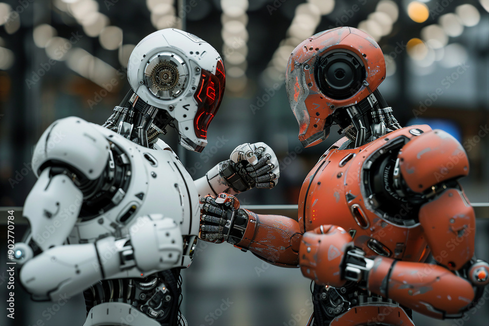 Fototapeta premium Creative Geerative AI artwork picture of futuristic modern technology robot in modern life human helper