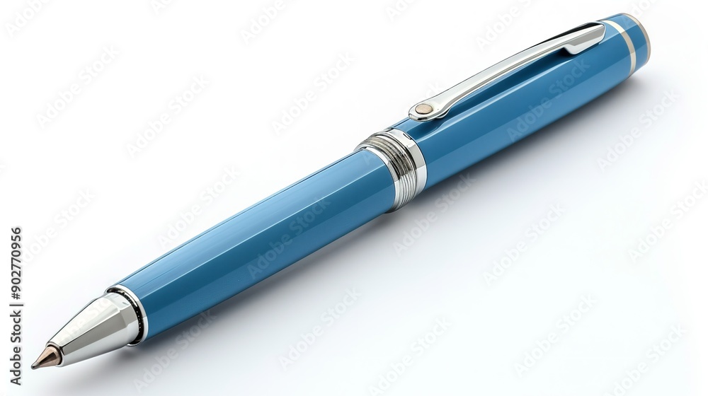 Elegant blue ballpoint pen solitary on a stark white backdrop with sufficient space for merchandise placement, Generative AI. Elegant blue ballpoint pen solitary on a stark white backdrop with sufficient space for merchandise placement, Generative AI.