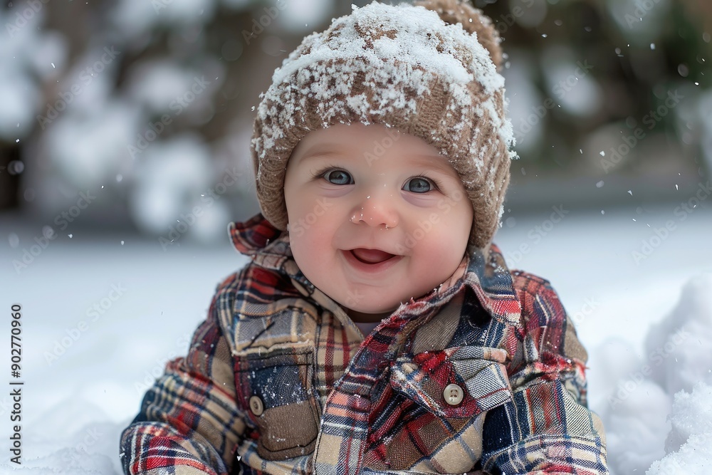 A baby wearing a hat and a plaid jacket is smiling in the snow