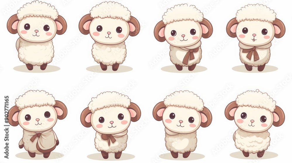 Set of 8 vector kawaii lambs, isolated white background, different camera angles, all parts are sharp Set of 8 vector kawaii lambs, isolated white background, different camera angles, all parts are sharp