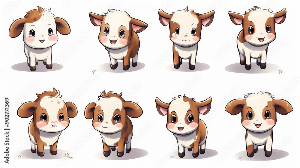 Set of 8 vector kawaii cows, isolated white background, different camera angles, all parts are sharp Set of 8 vector kawaii cows, isolated white background, different camera angles, all parts are sharp