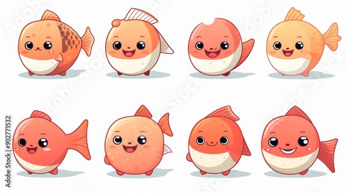 Set of 8 vector kawaii salmon, isolated white background, different camera angles, all parts are sharp photo