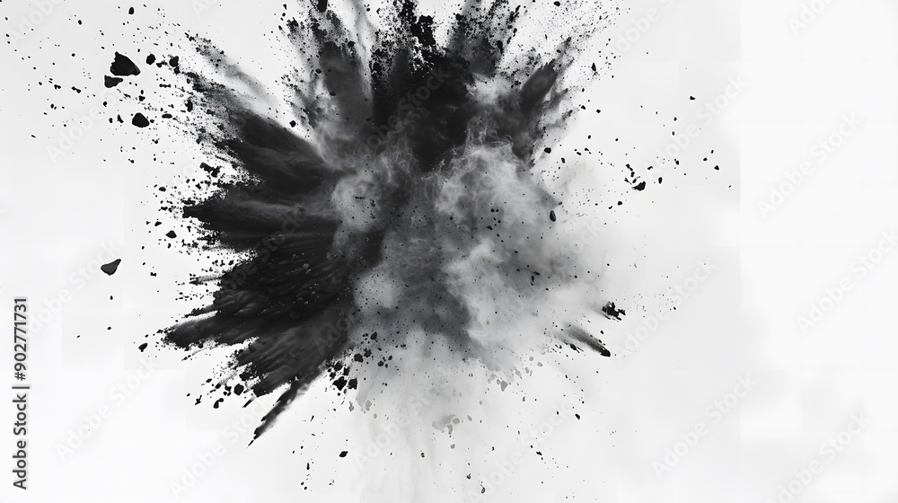 Dynamic black powder explosion in monochrome on white background, dramatic abstract art Dynamic black powder explosion in monochrome on white background, dramatic abstract art