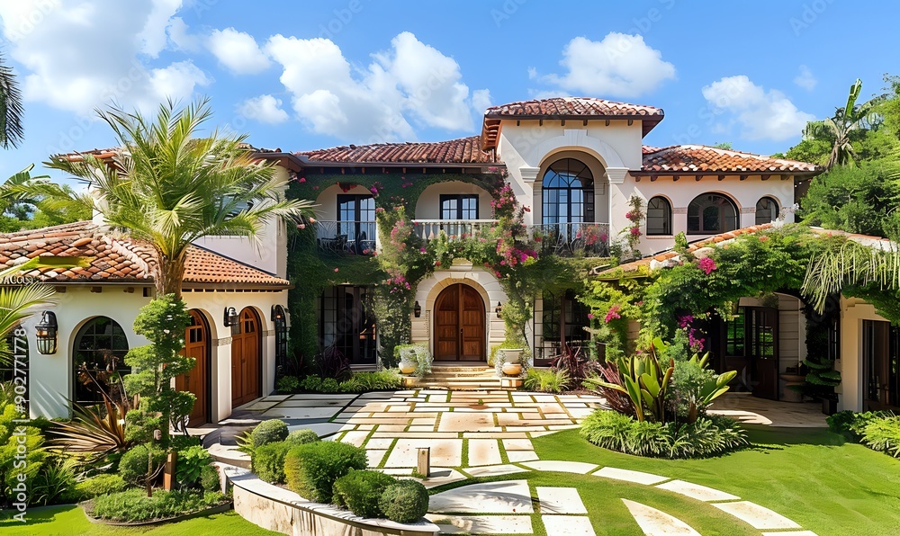 Fototapeta premium Luxury Mediterranean Estate Showcases Lush Landscaping, Tile Roof, and Stunning Architecture