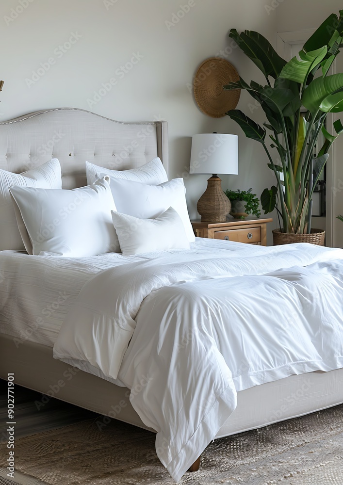 A cozy bedroom with a plush king-sized bed white linens and a soft gray headboard The room is accented with wooden nightstands and a large potted plant in the corner A cozy bedroom with a plush king-sized bed white linens and a soft gray headboard The room is accented with wooden nightstands and a large potted plant in the corner