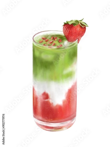 Digital watercolor illustration of strawberry matcha latte. Food illustration. Idea for menus, postcards, print, sketchbook, etc.