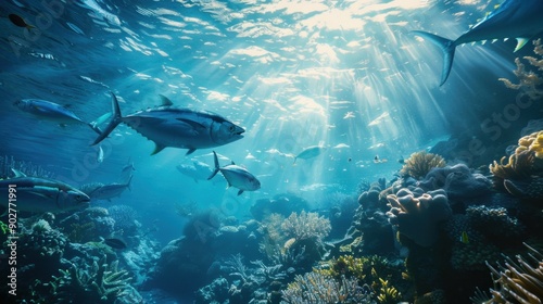 Sunbeams are shining through clear ocean water and illuminating a school of tuna swimming over a coral reef