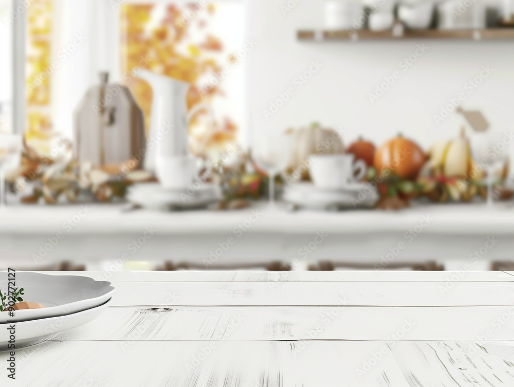 Fototapeta premium Side View of White Table for Mockup with Blurred Autumn Table Setting in Background
