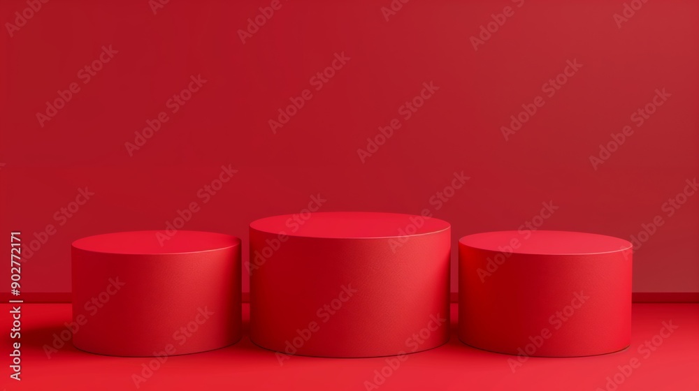 Three Minimalist Red Toned Round Podiums for Product Presentation on Empty Background. Ideal for E-commerce and Advertising Displays, Showcasing Minimalist Style and Elegance Three Minimalist Red Toned Round Podiums for Product Presentation on Empty Background. Ideal for E-commerce and Advertising Displays, Showcasing Minimalist Style and Elegance
