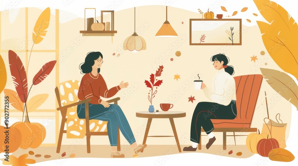 Fototapeta premium Autumn Vibes: Two Friends Enjoying Cozy Fall Conversation Indoors