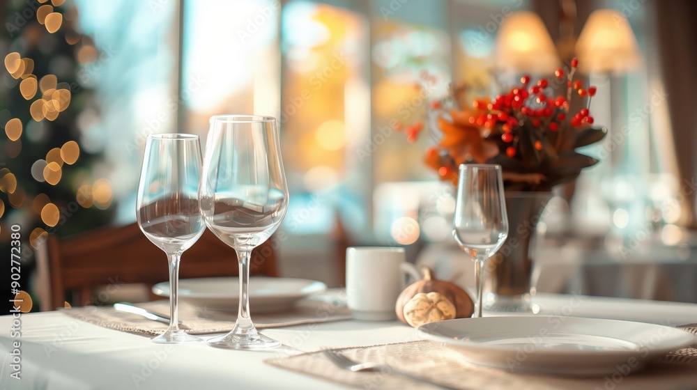Fototapeta premium Elegant Thanksgiving Dinner Table Setting with Wine Glasses and Autumn Decor