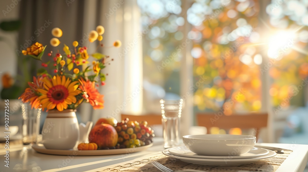Elegant Autumn Table Setting with Floral Arrangement and Fruits in Sunlit Room Elegant Autumn Table Setting with Floral Arrangement and Fruits in Sunlit Room
