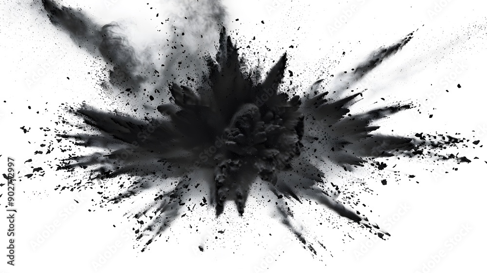 Dynamic black powder explosion in monochrome on white background, dramatic abstract art Dynamic black powder explosion in monochrome on white background, dramatic abstract art