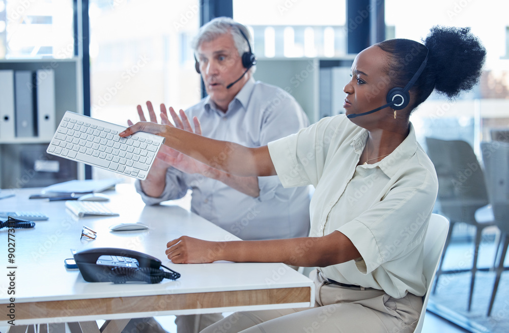 Obraz premium Woman, call center and angry in office with stress, frustrated or throw keyboard by colleague man. Person, consultant and voip for tech support with chaos, crisis or annoyed at telemarketing agency