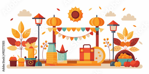It is an illustration of a autumn festival with a cartoon style. The image presents a cheerful autumn setting in a whimsical, artistic design