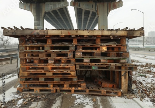 An improvised shelter built with wooden pallets and scrap metal under a highway bridge, showcasing the resilience of those experiencing homelessness photo