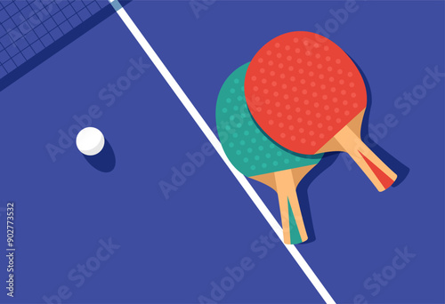 Ping-Pong poster, two rackets and ball for ping pong on table, table tennis competition, view from above, vector