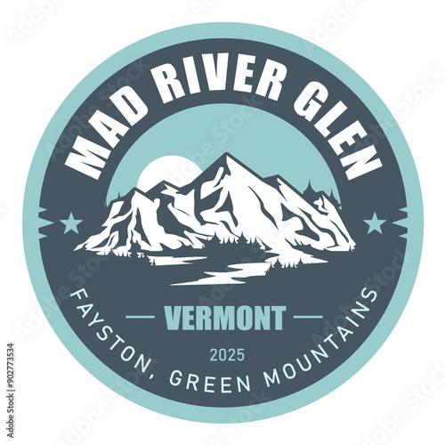 Mad River Glen, Vermont, Green Mountains ski resort stamp, emblem with snow covered mountains, vector