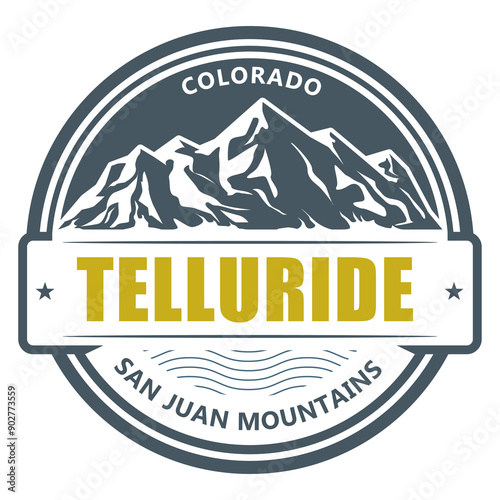 Telluride, Colorado, San Juan Mountains resort stamp, emblem with snow covered mountains, vector