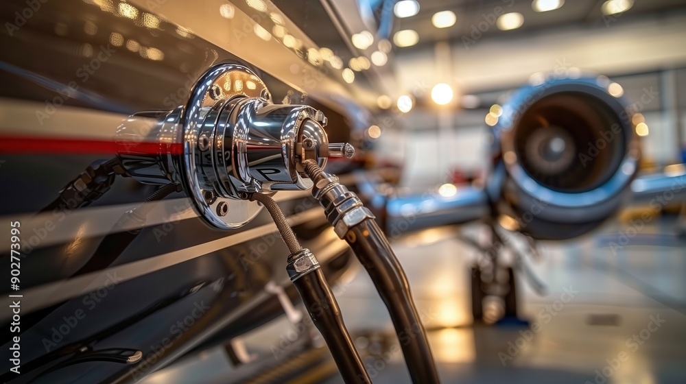 Fototapeta premium Airplane Fuel Port with Shiny Chrome Finish. Close-up of an airplane fuel port with shiny chrome detailing, reflecting light inside an aircraft hangar.