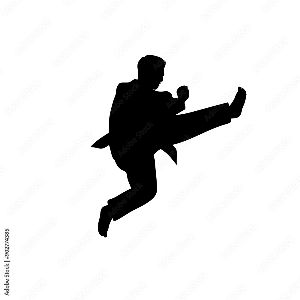 martial arts, silhouette of man jumping and kicking with right foot vector martial arts, silhouette of man jumping and kicking with right foot vector